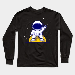 Cute Astronaut Sitting On Moon And Waving Hand Cartoon Long Sleeve T-Shirt